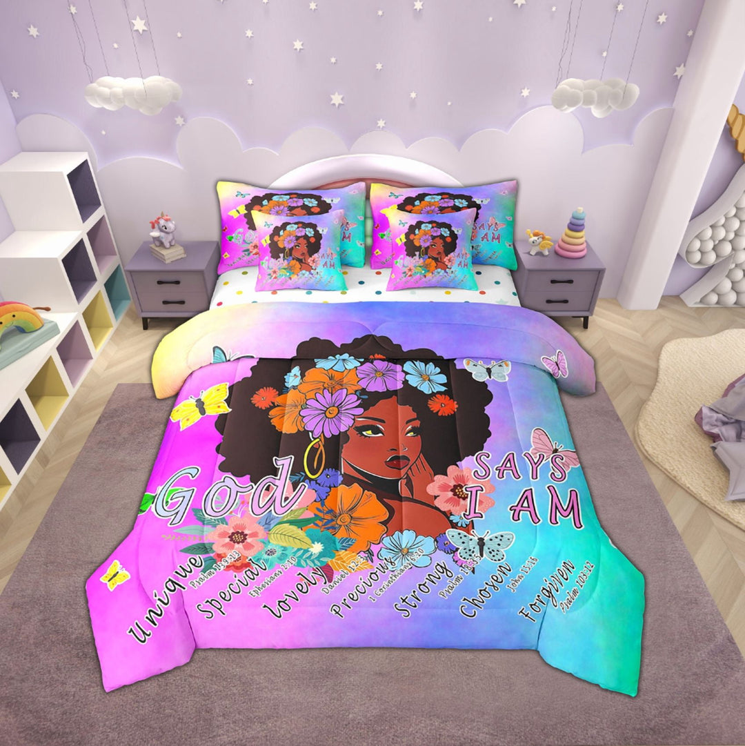 Afro Girls Bed in a Bag Queen Comforter Set 7 Piece,American African Princess Bedding Sets Black Hair Girl Butterfly Flowers Sheet Set with Comforter