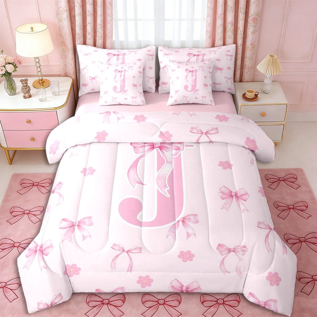 Erosebridal Kawaii Bowtie Letter J Monogrammed Twin Bedding Sets 7-Piece,Pink Flowers Sakura Bow Bedding Comforter Set,Pink Reversible,Breathable Home Decor