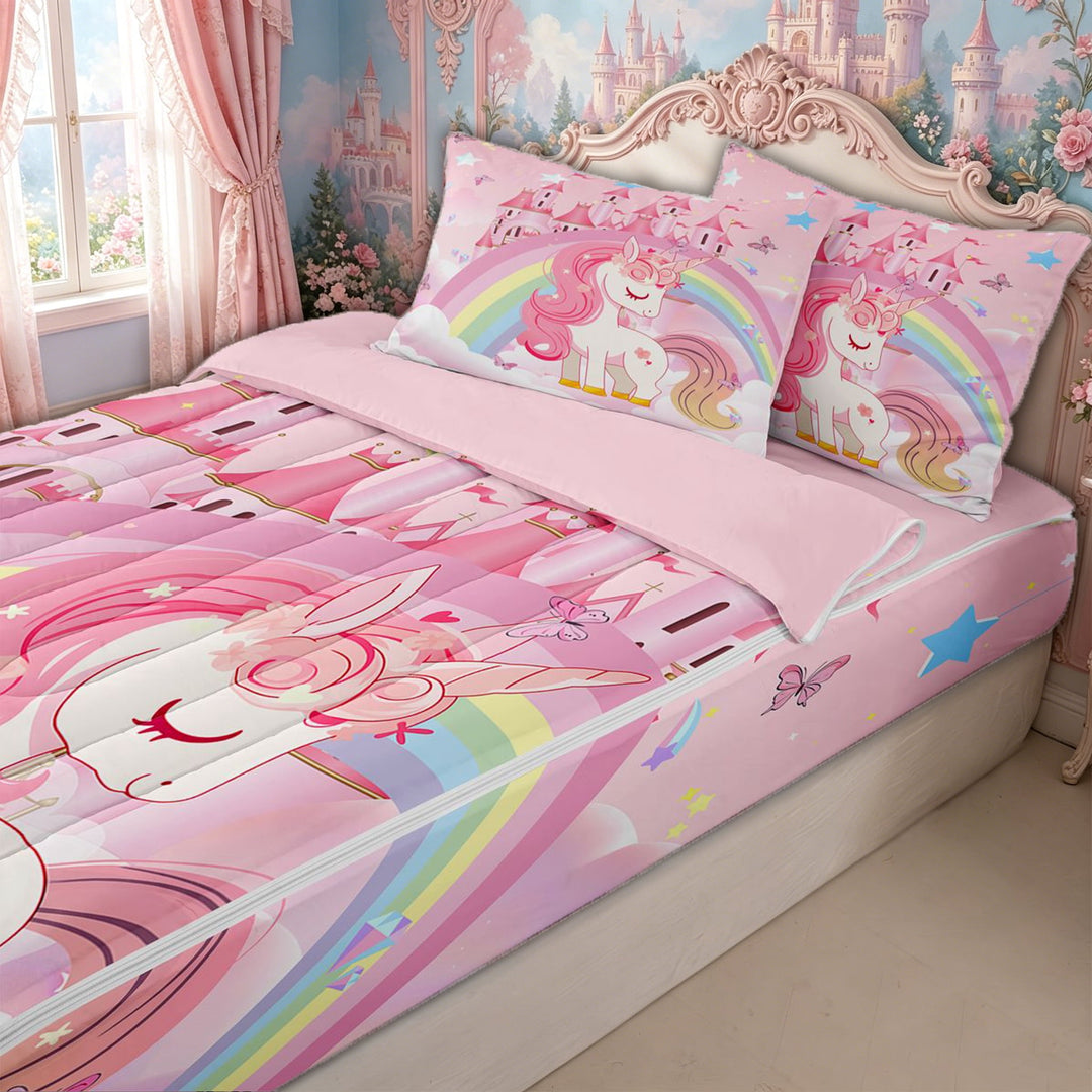 meiyoeat Magical Unicorn Castle Zipper Full Size Comforter Sets with Fitted Sheet and 2 Pillowcases for Kids Girls, Rainbow Princess Style Zipper Bedding Set, Pink White, Pink ReversibleG