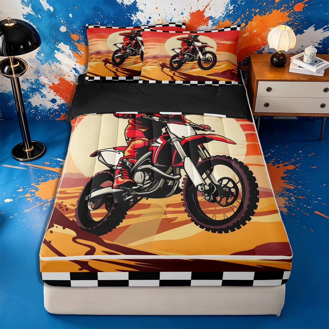 Meiyoeat Retro Desert Dirt Bike Zipper Twin Comforter Sets with Fitted Sheet and 2 Pillowcases for Teens, Geometric Checkered Zipper Bedding Set, Red Orange,4-Piece,Black Reversible