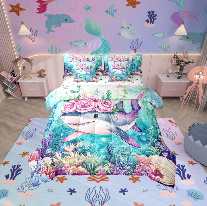 Erosebridal Cartoon Shark Bedding Twin Size, Pink Rose Bedding Sets Twin Size, Colorful Coral Reversible Bed Set, Lightweight Room Decoration, 7-Piece