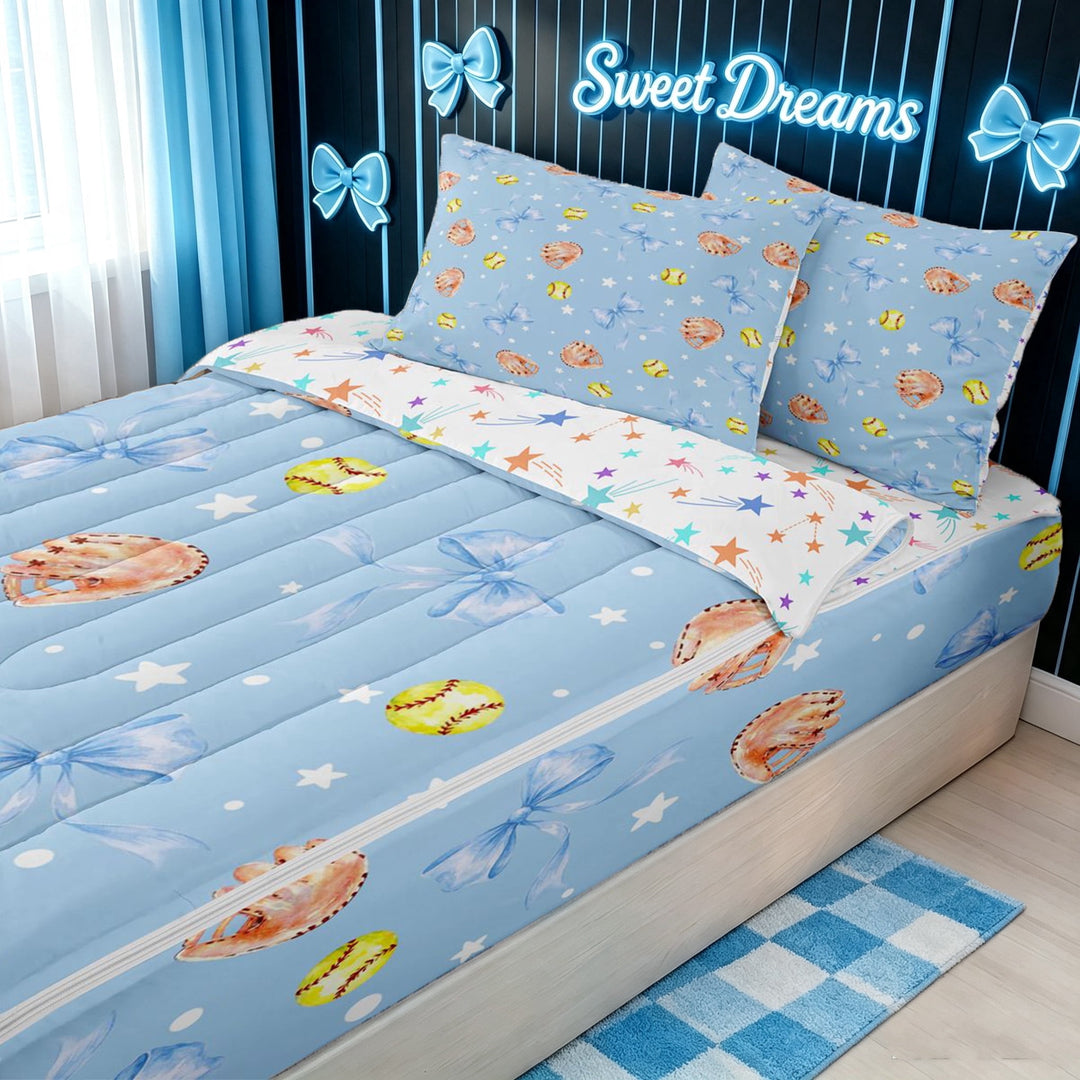 meiyoeat Blue Softball Bow Zipper Full Size Comforter Sets with Fitted Sheet and 2 Pillowcases for Girls, Cute Ball Glove Print Zipper Bedding Set, Star Reversible, 4-Piece