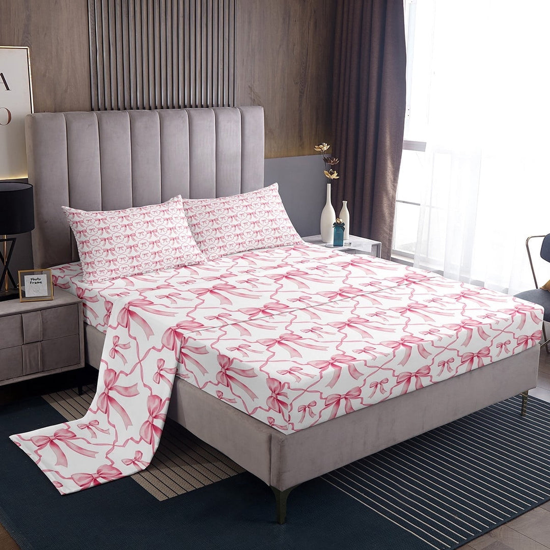 Cute Bow Bed Sheets Pink Kawaii Bowknot Twin Bedding Set Watercolor Bow Tie Patchwork Pink White Sheet Set Geometric Check Bow 1 Fitted Sheet 1 Flat Sheet 1 Pillow Case
