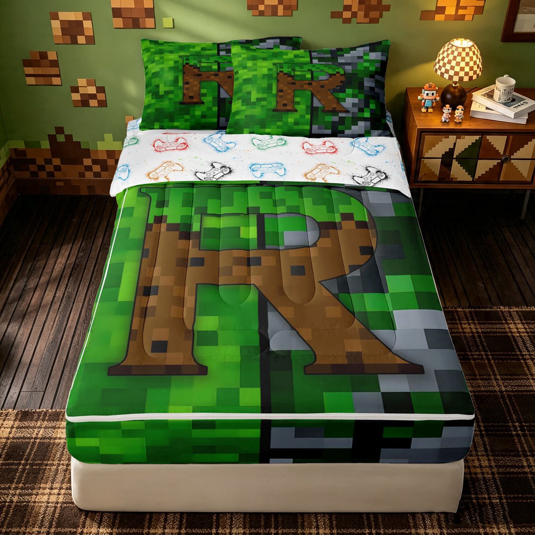 meiyoeat Pixel Game Letter R Zipper Twin Comforter Sets with Fitted Sheet and 2 Pillowcases for Girls Boys, Green Brown Blocks Abstract Zipper Bedding Set, Gamepad Reversible, 4 Pieces