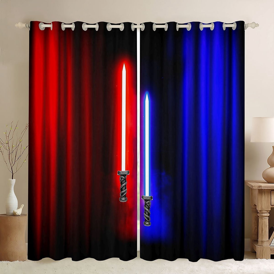 Manfei Neon Light Sword Black Out Curtains,Cartoon Gradient Light Curtains Pack of 2 (42x63 Each),Red Blue Lines Bedroom Curtains For Kids,Luxury Bedroom Decor
