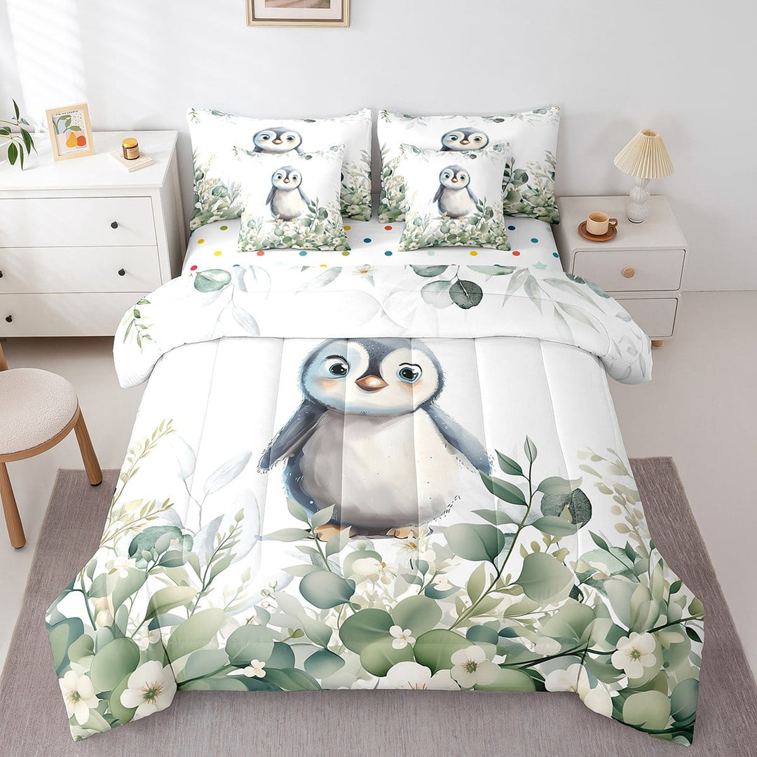 Cute Animal Twin Comforter Set 7 Pieces Cartoon Penguin Bedding Comforter Sets, Eucalyptus Bed in a Bag Watercolor Leaves Bedding Set, Kawaii Arctic Animal Bed Sheets Set