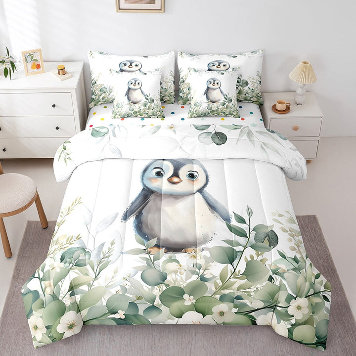 Cute Animal Twin Comforter Set 7 Pieces Cartoon Penguin Bedding Comforter Sets, Eucalyptus Bed in a Bag Watercolor Leaves Bedding Set, Kawaii Arctic Animal Bed Sheets Set