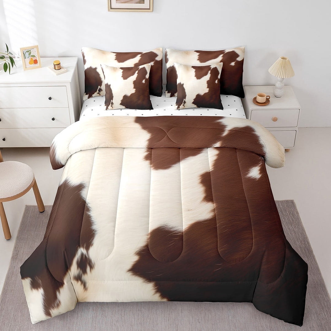 Cowhide Bed in a Bag 7 Pieces Brown Beige Cow Printed Bedding Set, Wildlife Skin Hair King Size Comforter Set Western Aztec Bedding Comforter Sets, Cowboy Cowgirl Bed Set