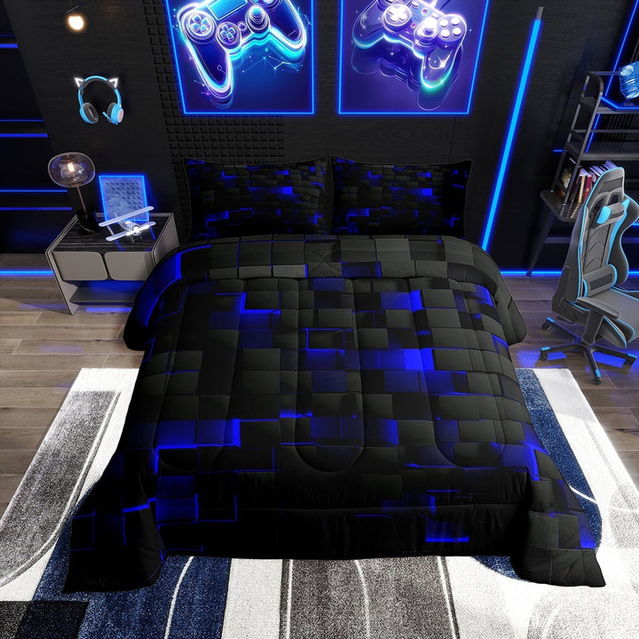 Teen Geometric Bedding Full Black Navy Royal Blue Comforter Set Men,Neon Abstract Stereoscopic Check Grid Comforter Square Plaid Bed Duvet Sets 3D Modern Room Decor