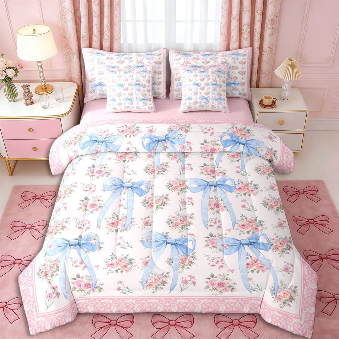 Erosebridal Blue Ribbon Bow Twin Bedding Sets 7-Piece for Girls Women,Romantic Floral Roses Bedding Comforter Set for Teens Adults,Pink Reversible,Ultra Soft Home Decor
