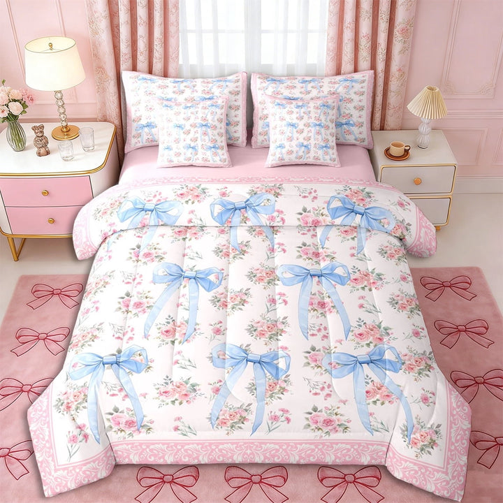 Erosebridal Blue Ribbon Bow Twin Bedding Sets 7-Piece for Girls Women,Romantic Floral Roses Bedding Comforter Set for Teens Adults,Pink Reversible,Ultra Soft Home Decor