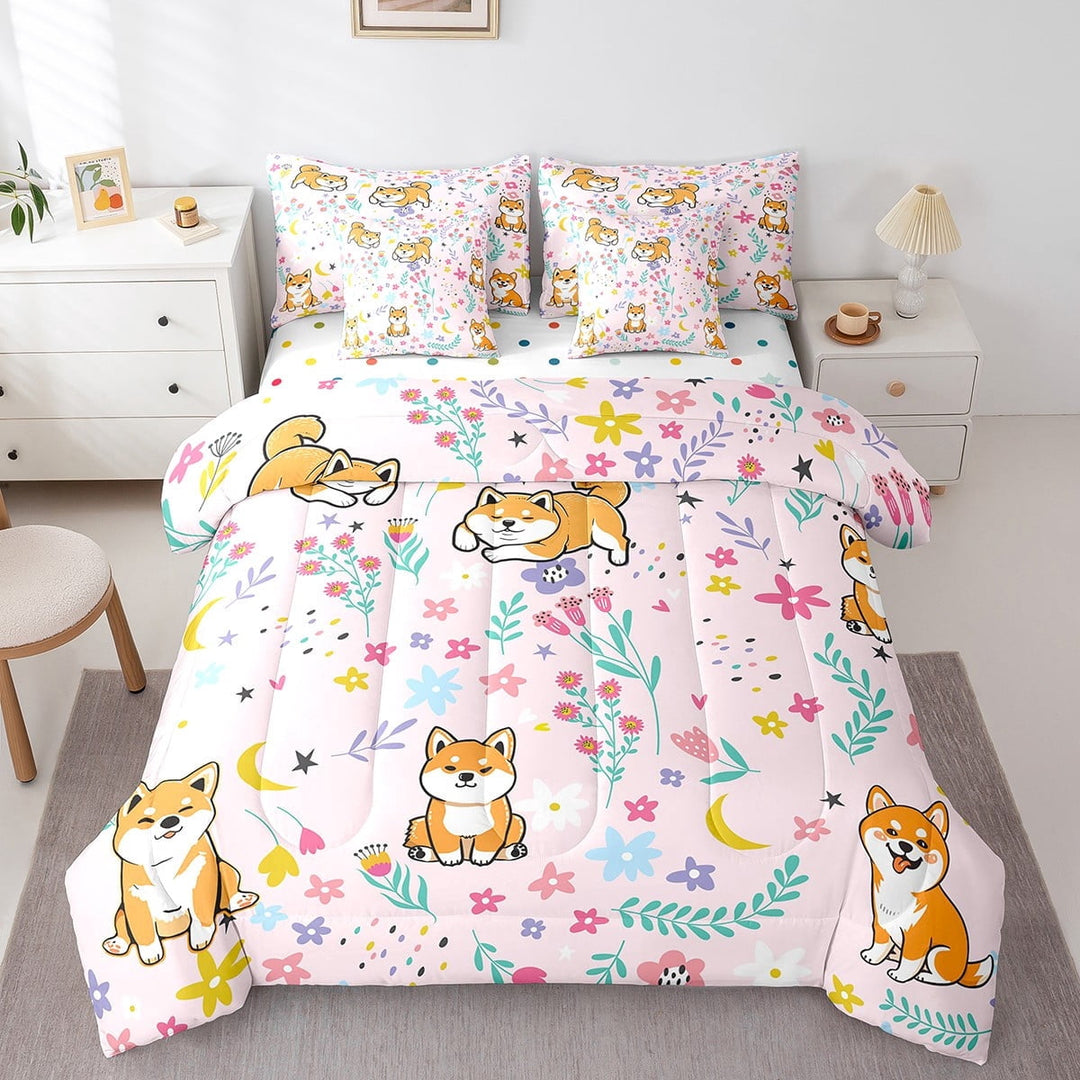 Erosebridal Cartoon Dogs Bed in a Bag Twin Size,Cute Plant Floral Bed Set,Pet Animal Bedding Twin Size,Super Cozy Room Decor Reversible,7 Pieces