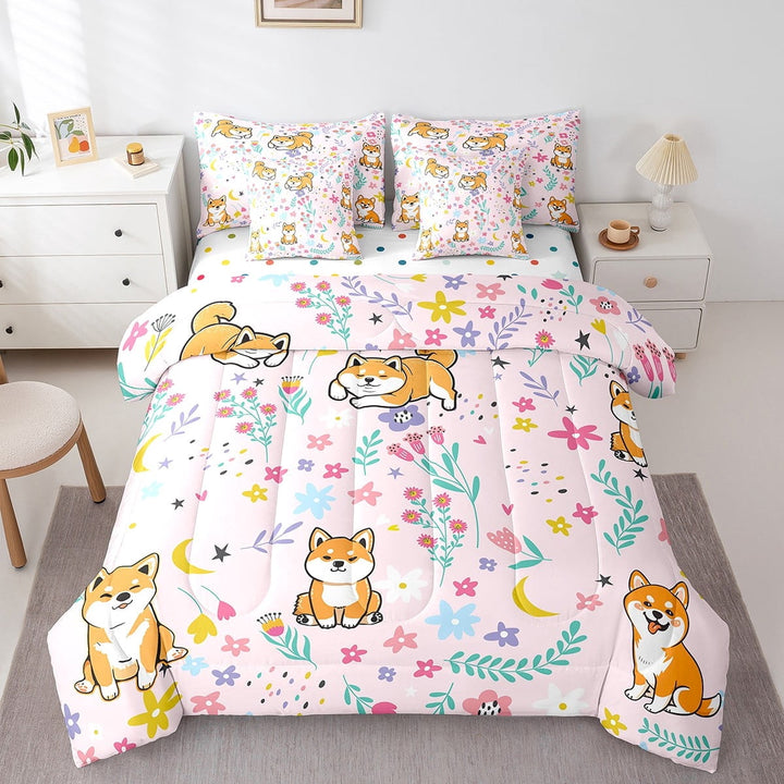 Erosebridal Cartoon Dogs Bed in a Bag Twin Size,Cute Plant Floral Bed Set,Pet Animal Bedding Twin Size,Super Cozy Room Decor Reversible,7 Pieces