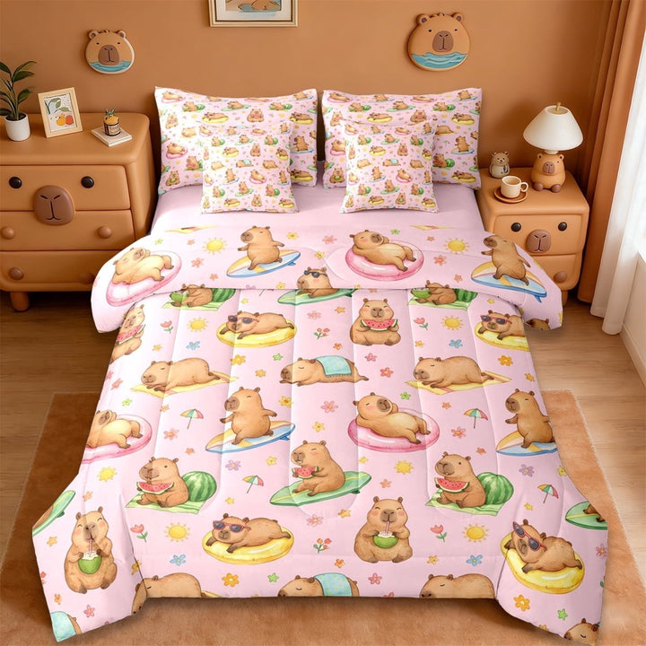 Erosebridal Kawaii Capybaras 7-Piece Twin Bedding Sets,Cute Animal Capybara Rainbow Stars Pattern Bedding Comforter Set For Kids Teens ,Reversible Pink