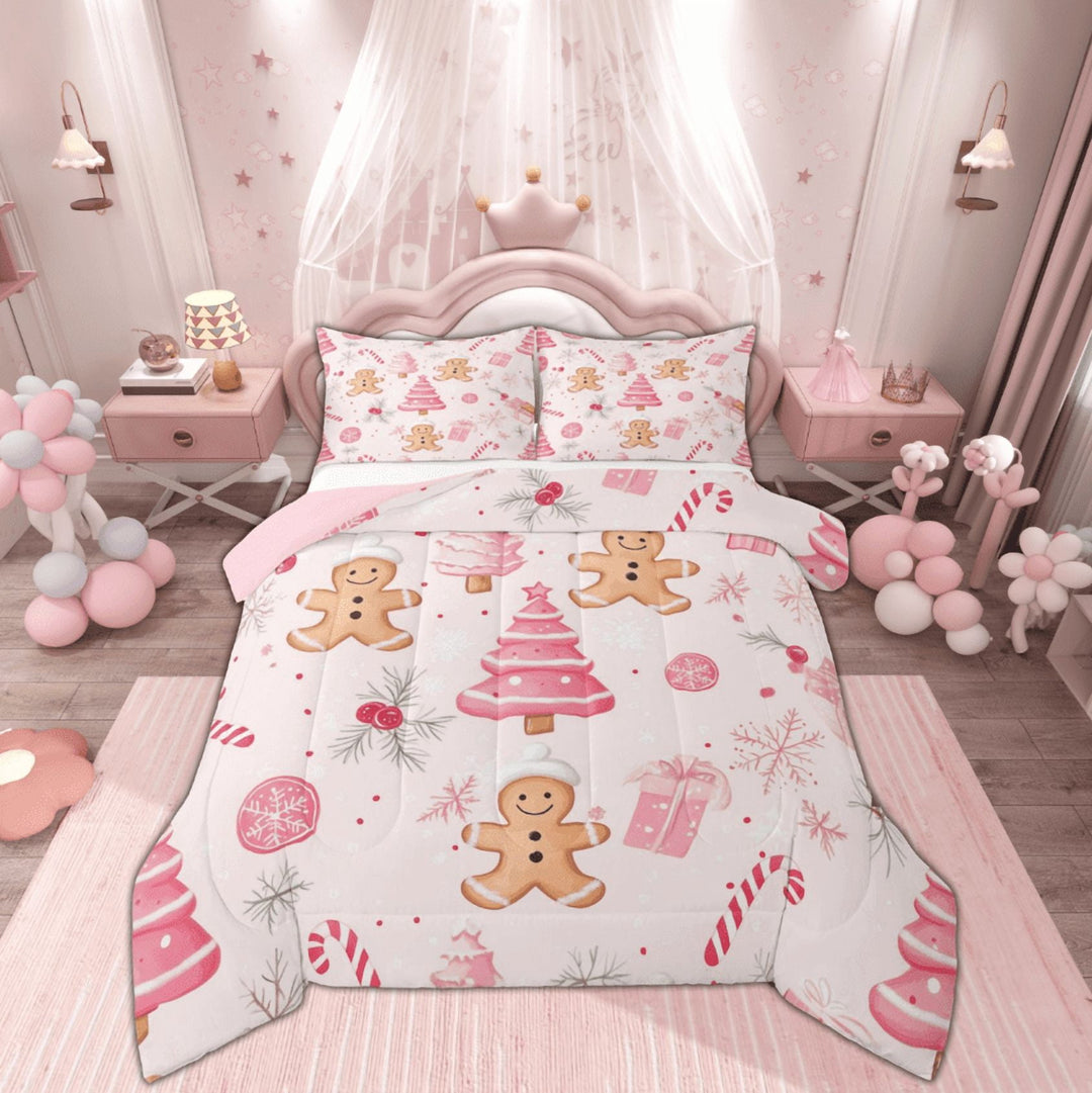 Manfei Dreamy Christmas Festival Bedding Comforter Set for Kids, Pink Xmas Tree Twin Comforter Sets, Gingerbread Man Reversible Bedding Set, Microfiber Bedroom Decor, 2 Pieces