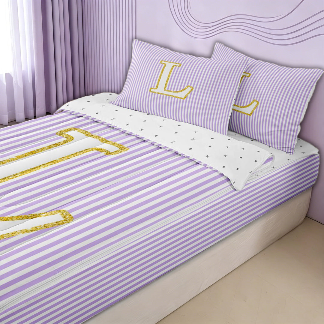 meiyoeat Gold L Monogram Zipper Full Size Comforter Sets with Fitted Sheet and 2 Pillowcases for Kids Girls Women, Purple Stripes Zipper Bedding Set for Bedroom, ReversibleG