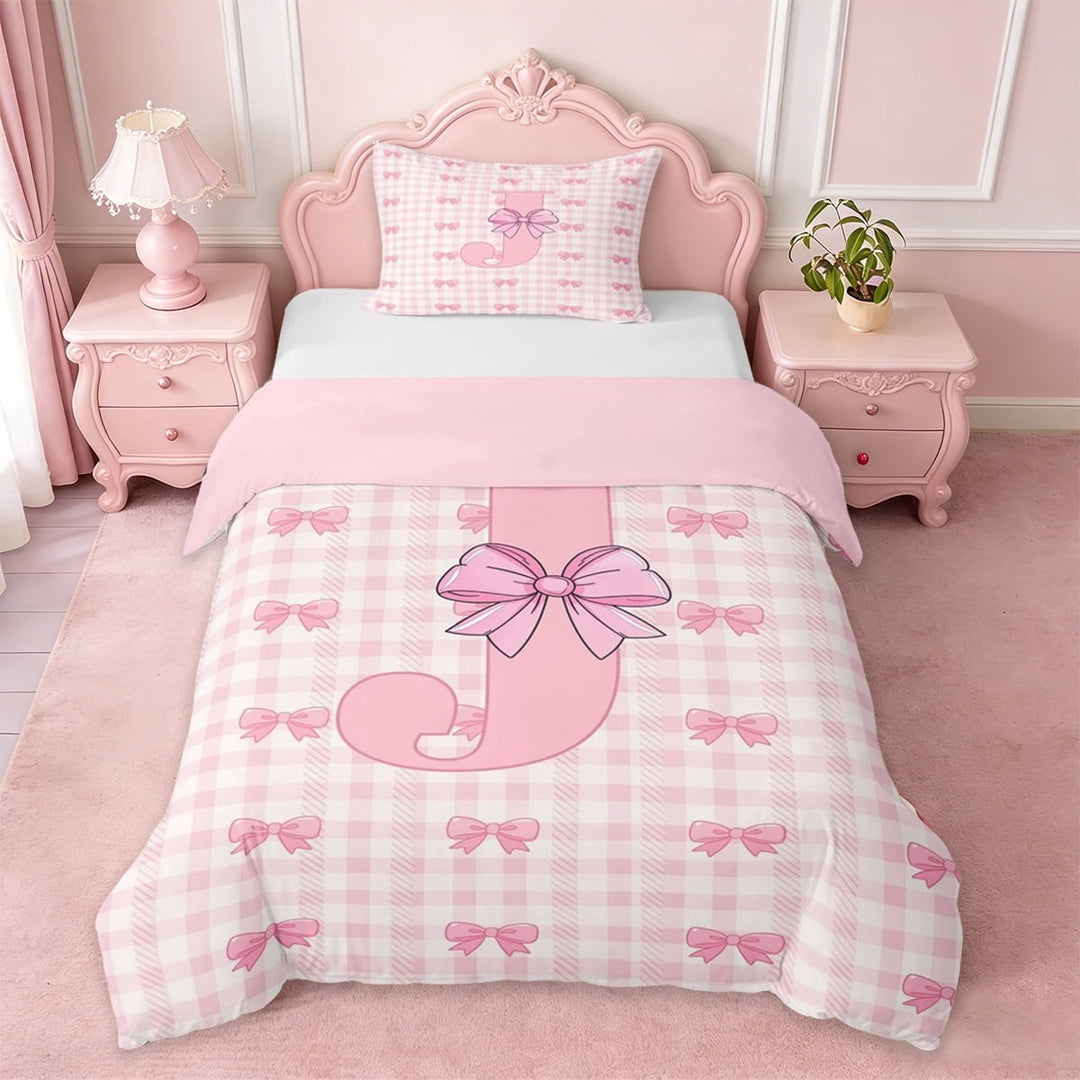 Erosebridal Chic Ribbon Bow Twin Bedding For Girls,Pink Plaid Letter J Initial Monogram Kids Duvet Cover Set,Pink Reversible,2pcs(No Comforter)
