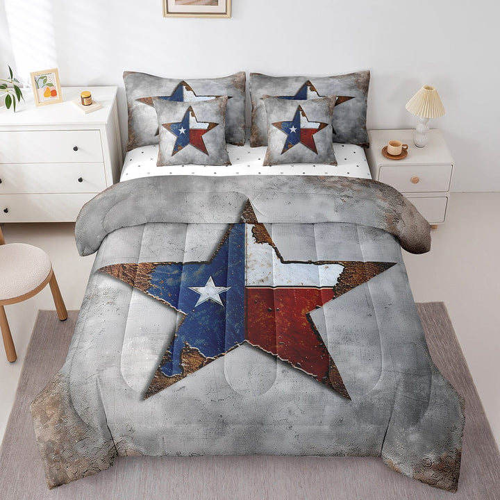 Vintage Texas Stars Bedding Comforter Sets 7-Piece Retro Flag Print Bed in a Bag, Grunge Grey King Bedding Sets Texas Star Comforter Set King, American Flag Pattern Bedding Sets &amp; Collections