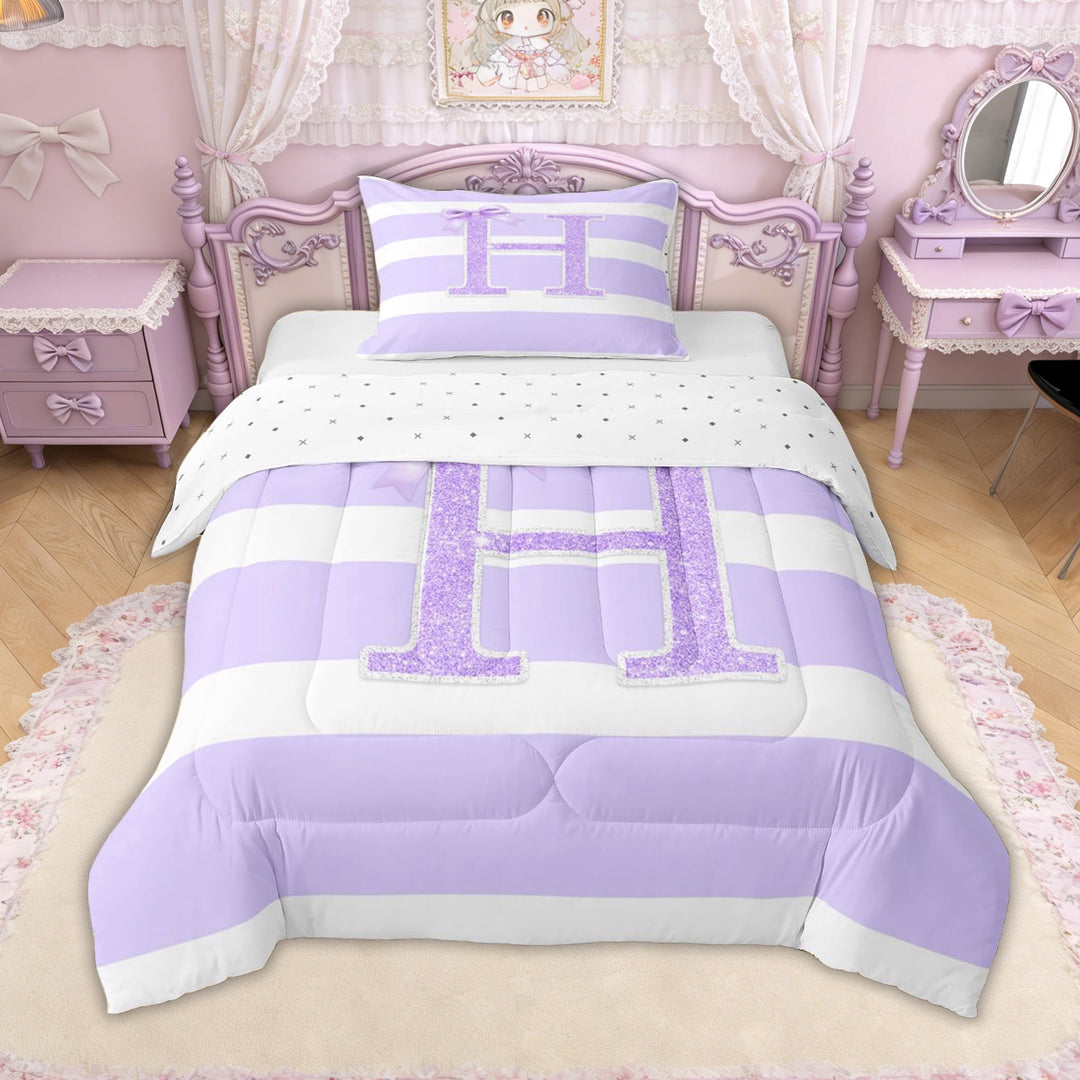 Erosebridal Glitter Print Bow Letter H Twin Comforter Sets for Girls, Purple Stripes Ribbon Bedding Set, Reversible, 2 Pieces