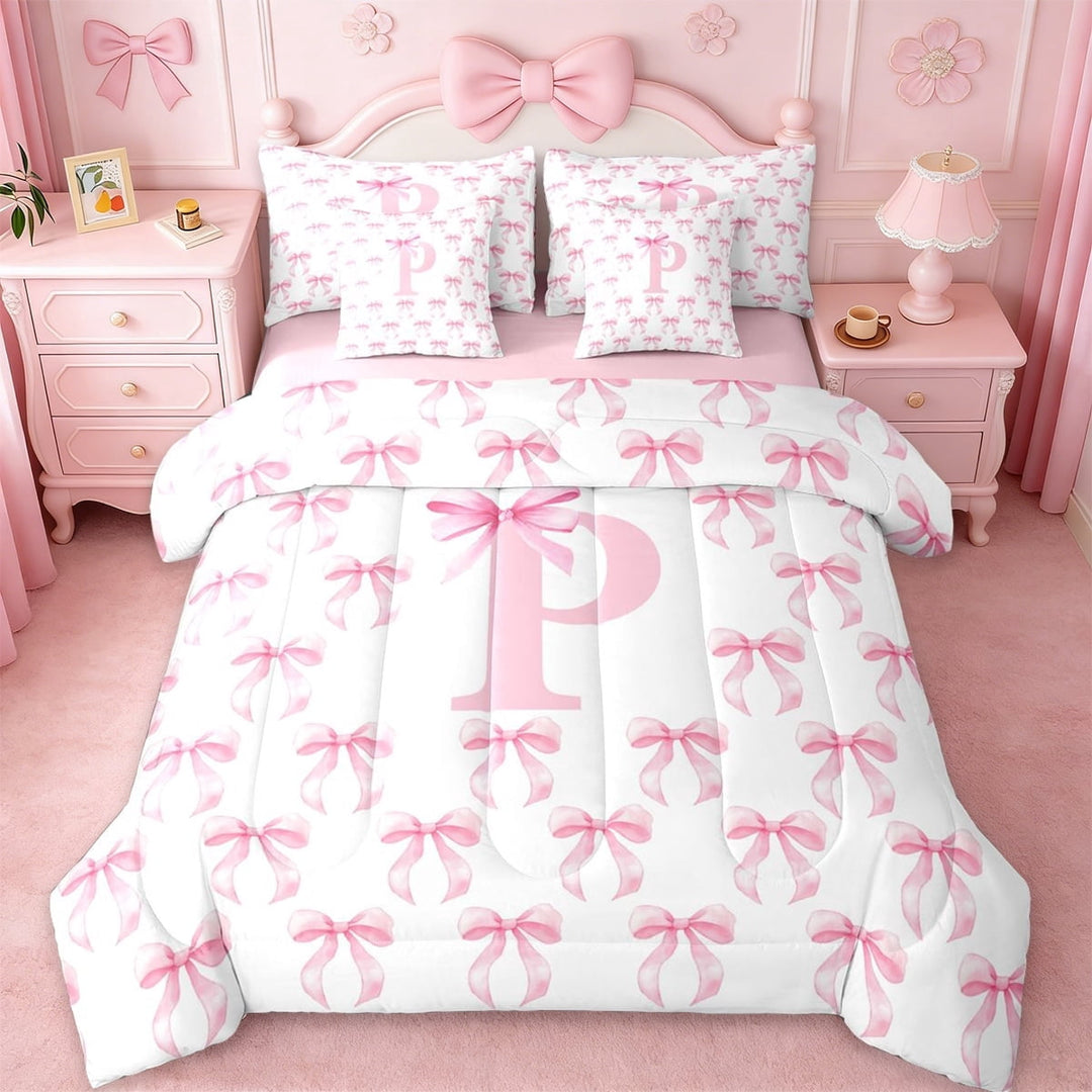 Erosebridal Kawaii Bow 7-Piece Twin Bedding Sets For Girls,Pink Letter I Initial Lettering Bedding Comforter Set,Pink Reversible