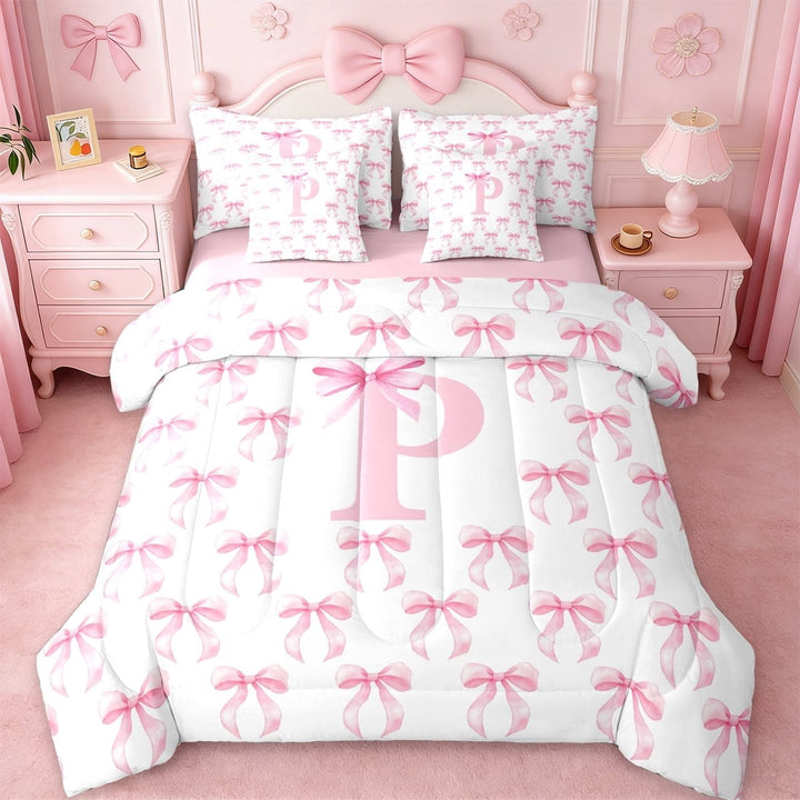 Erosebridal Kawaii Bow 7-Piece Twin Bedding Sets For Girls,Pink Letter I Initial Lettering Bedding Comforter Set,Pink Reversible