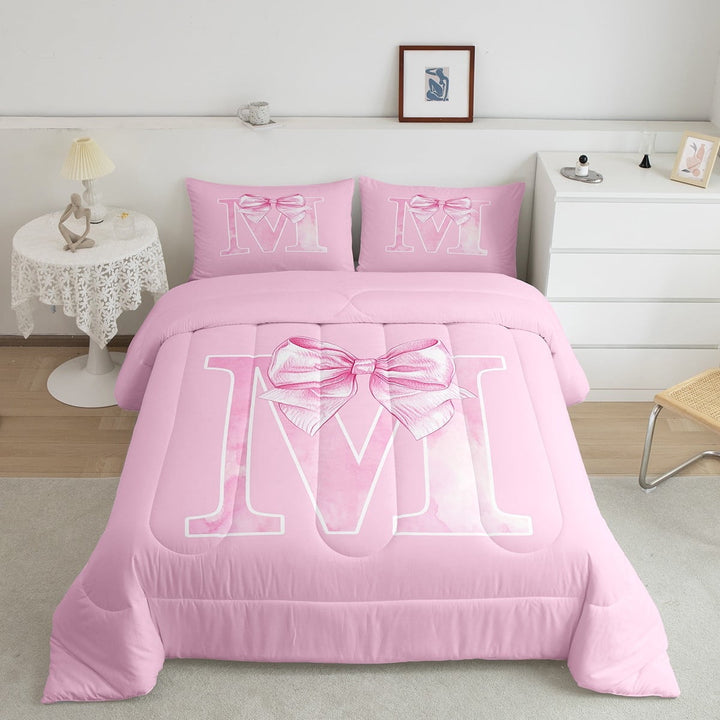 Erosebridal Pink Letter M Bedding Sets Full with Comforter, Monogrammed A to Z Duvet Insert, Chic Bow Decor, Super Cozy 3-Piece