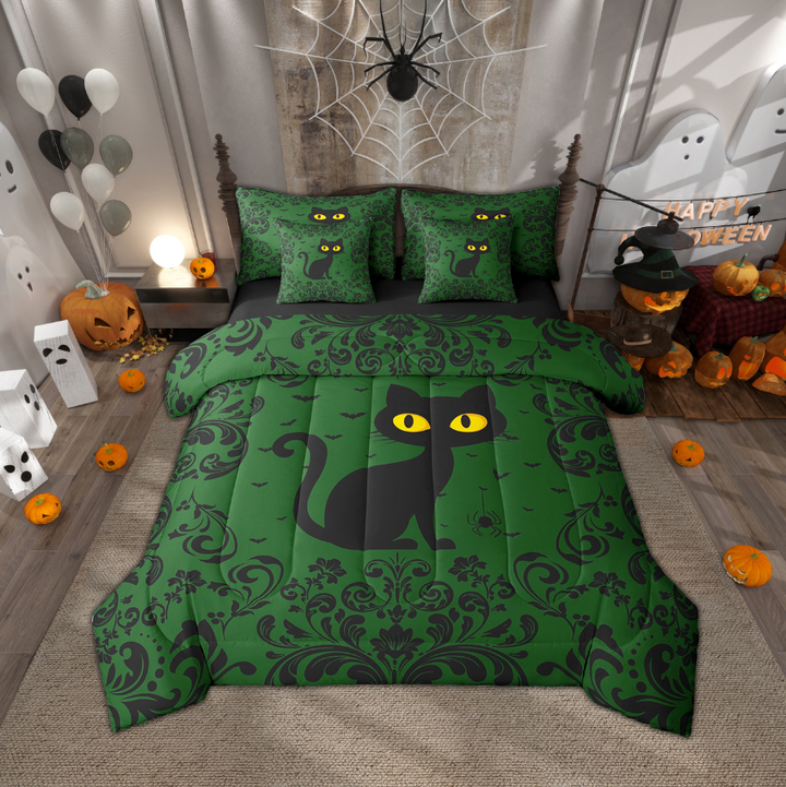 Halloween Cat 7 Piece Bedding Set Twin Green Black Goth Comforter Set With Sheets Damask Flower Cat Bed In A Bag Adults Gothic Spider Bats Animal Bed Set Halloween Decor