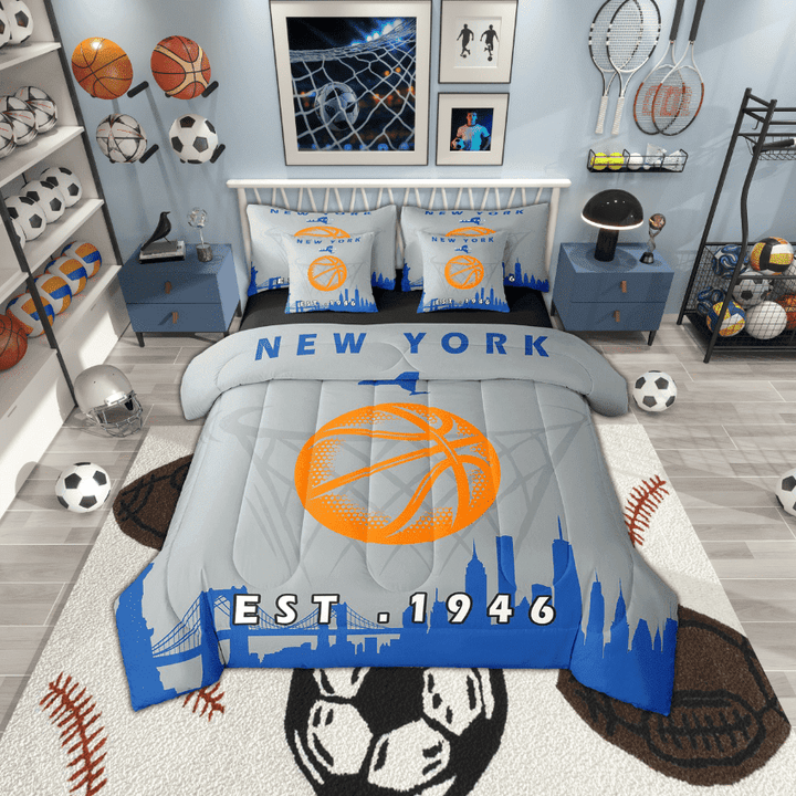 Erosebridal 7 Pcs Comforter Set King Size,Sports Bed in a Bag with Flat Sheet and Fitted Sheet and Adults,Basketball Bedding Set with Pillowcase and Sham,New York