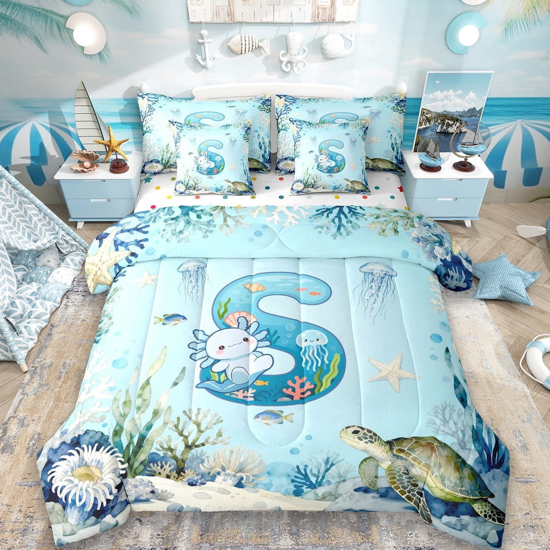 Erosebridal Initial Alphabet S 7 Pieces Bedding Comforter Set,Ocean Animal Axolotl Full Bedding Set For Kids Boys,Reversible