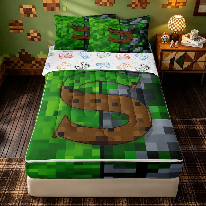 meiyoeat Pixel Grid Miners Zipper Twin Comforter Sets with Fitted Sheet and 2 Pillowcases for Girls Boys, Initial S Letter Zipper Bedding Set, Green Brown, Gamepad Reversible, 4pcs