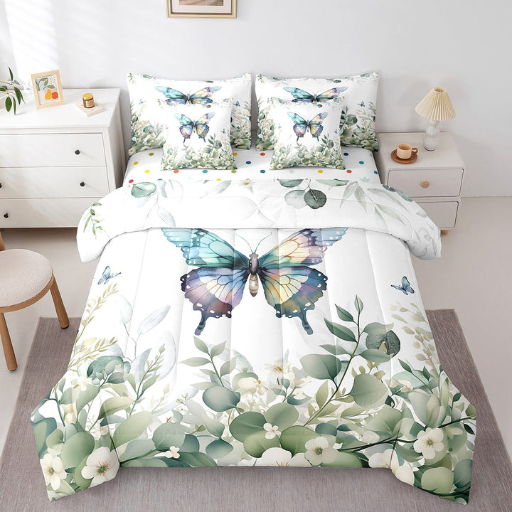 Erosebridal Kawaii Butterfly Bed in a Bag 7-Piece Cartoon Animal Bedding Set, Eucalyptus Leaves Twin Comforter Set Cute Wildlife Bedding Comforter Sets, Tropical Botanical Bed Set