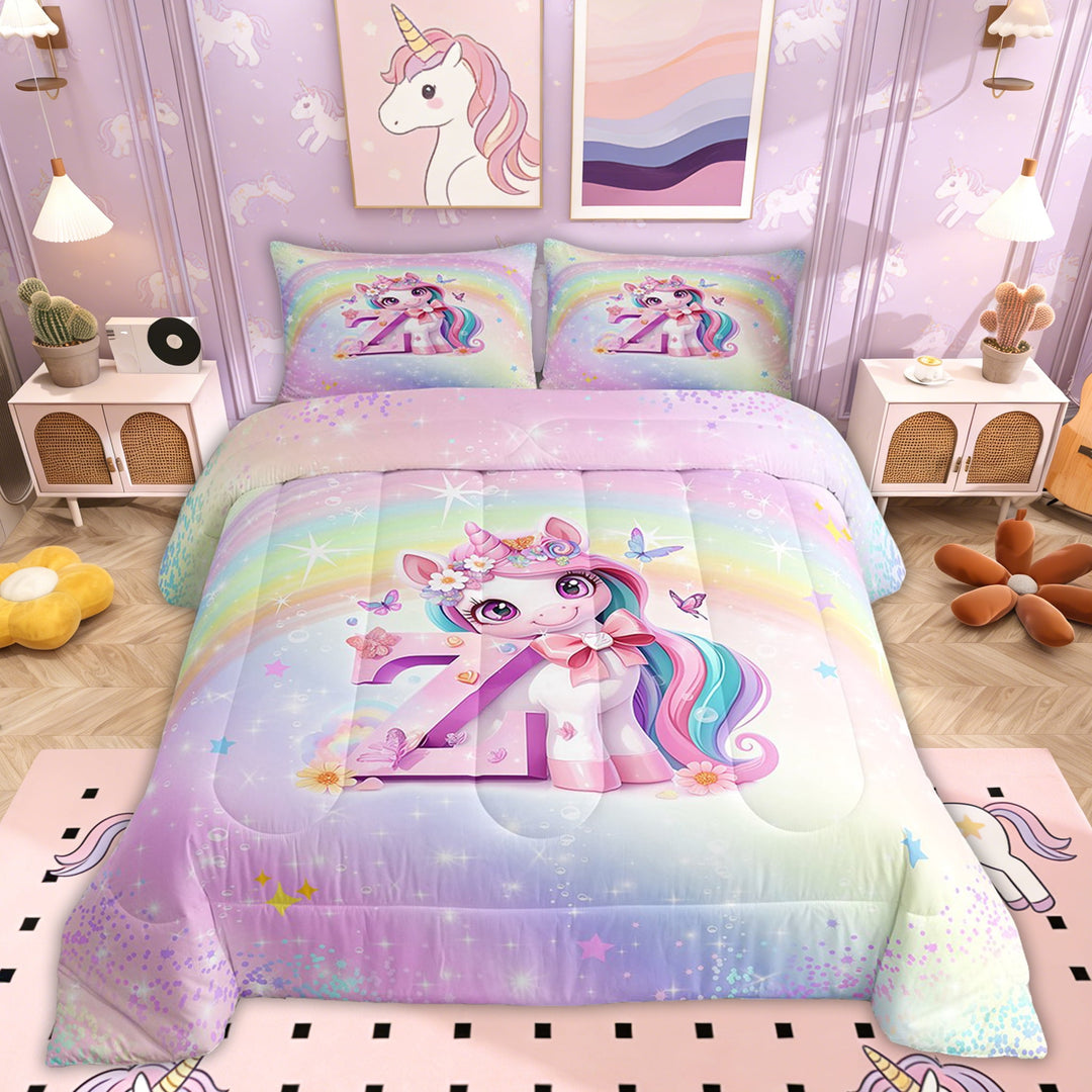 Erosebridal Pink Unicorn Bedding Twin Comforter Set, Initial Z Letter Down Comforter, Flower Decor, Reversible 2-Piece