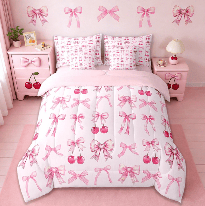 Manfei Pink Bed Set Full 7 Pieces,Cute Bow Bedding Set For Girls,Pink Kids Comforter Set,Kawaii Cherry And Pink Reversible