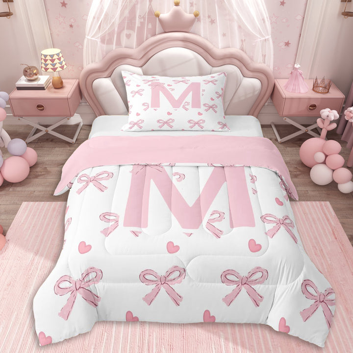 Erosebridal Pink Letter Monogrammed M Twin Comforter Sets 3-Piece,Girls Kawaii Love Heart Bow Knot Bedding Set,Pink Reversible,Breathable Home Decor