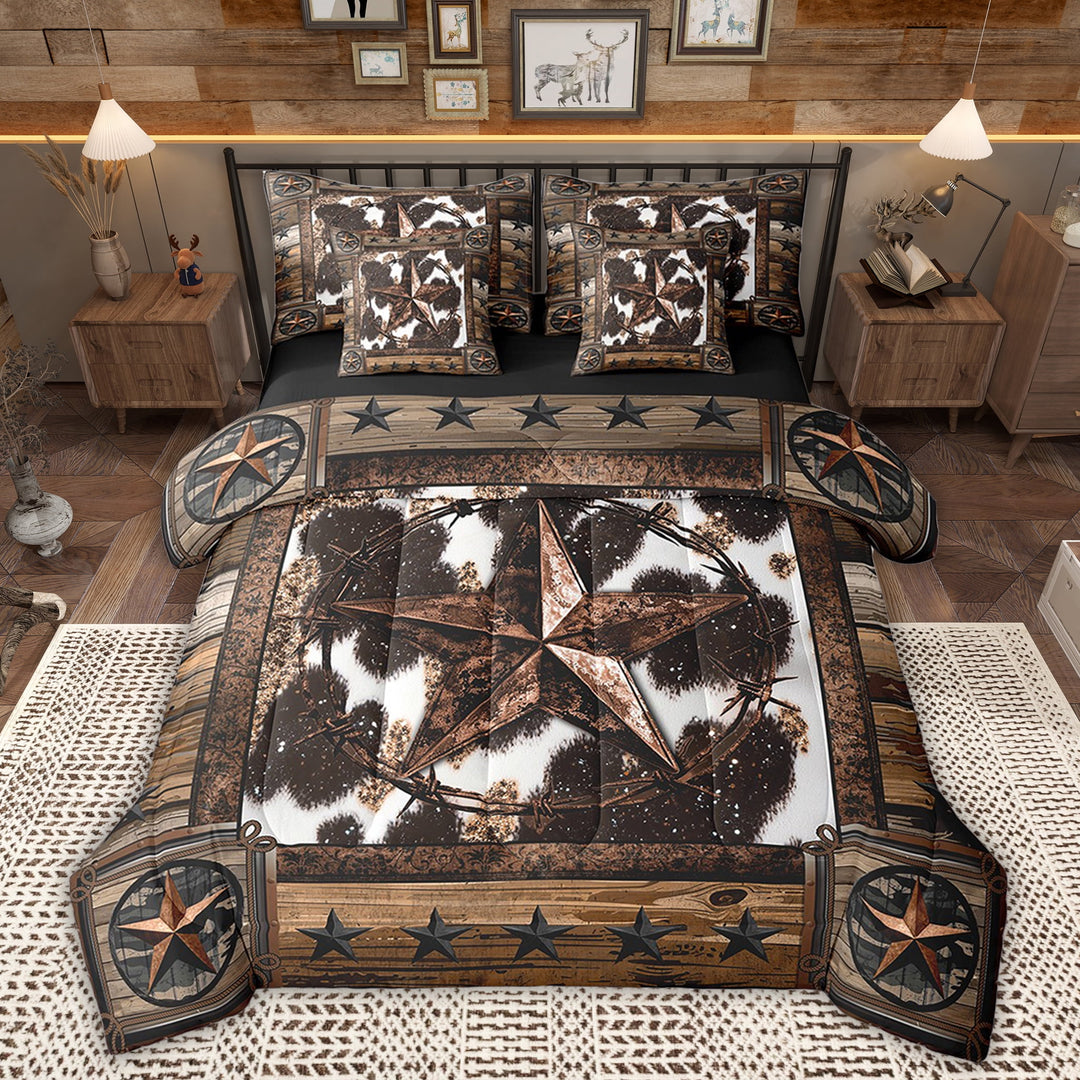Manfei Western Texas Stars Bedding Sets Twin Size, Brown Cow Print Bed in a Bag Twin size, Countryside Reversible Comforter Sets with Sheets, Microfiber Room Decorative, 7pcs