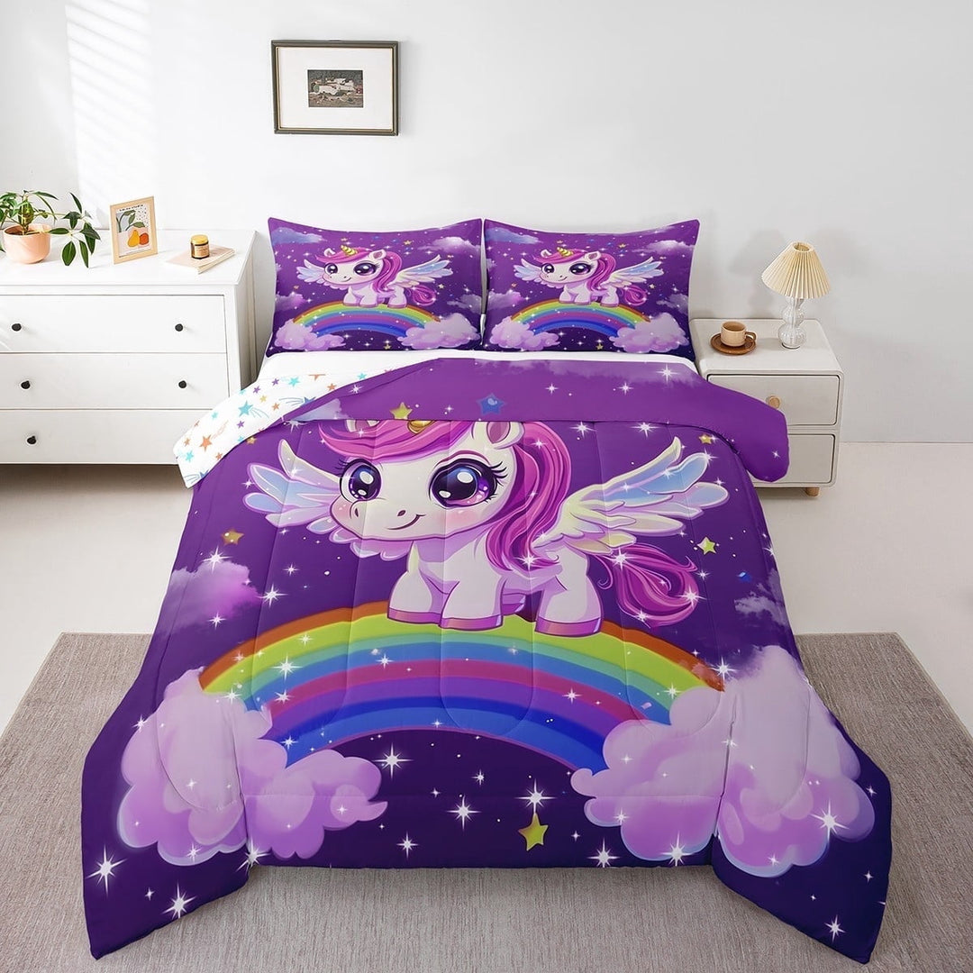 Erosebridal Queen Unicorn Comforter Sets, Rainbow Unicorn Bedding Set With Stars Cloud, 1 Quilt With 2 Pillowcases Teens Adults Bedroom Decor All Season