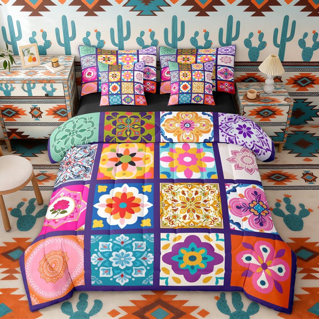 Erosebridal Colorful Mandala Twin Bedding Sets for Girls, Bohemian Patchwork Bedding Comforter Set, Black Reversible 7-Piece
