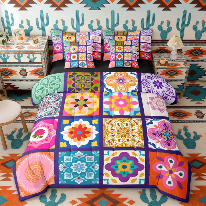 Erosebridal Colorful Mandala Twin Bedding Sets for Girls, Bohemian Patchwork Bedding Comforter Set, Black Reversible 7-Piece