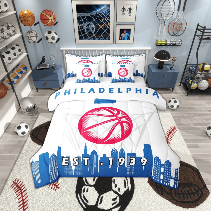 7 Pcs Comforter Set Queen Size, Sports Bed in a Bag with Flat Sheet and Fitted Sheet and Adults,Basketball Bedding Set with Pillowcase and Sham,Philadelphia