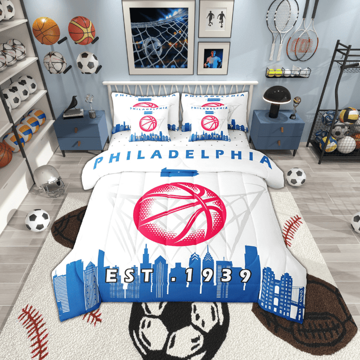 7 Pcs Comforter Set Queen Size, Sports Bed in a Bag with Flat Sheet and Fitted Sheet and Adults,Basketball Bedding Set with Pillowcase and Sham,Philadelphia