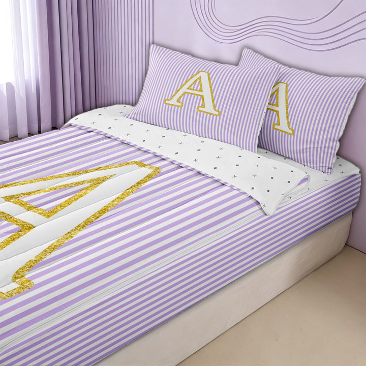 meiyoeat Gold A Monogram Zipper Twin Comforter Sets with Fitted Sheet and 2 Pillowcases for Kids Girls Women, Purple Stripes Zipper Bedding Set for Bedroom, ReversibleG