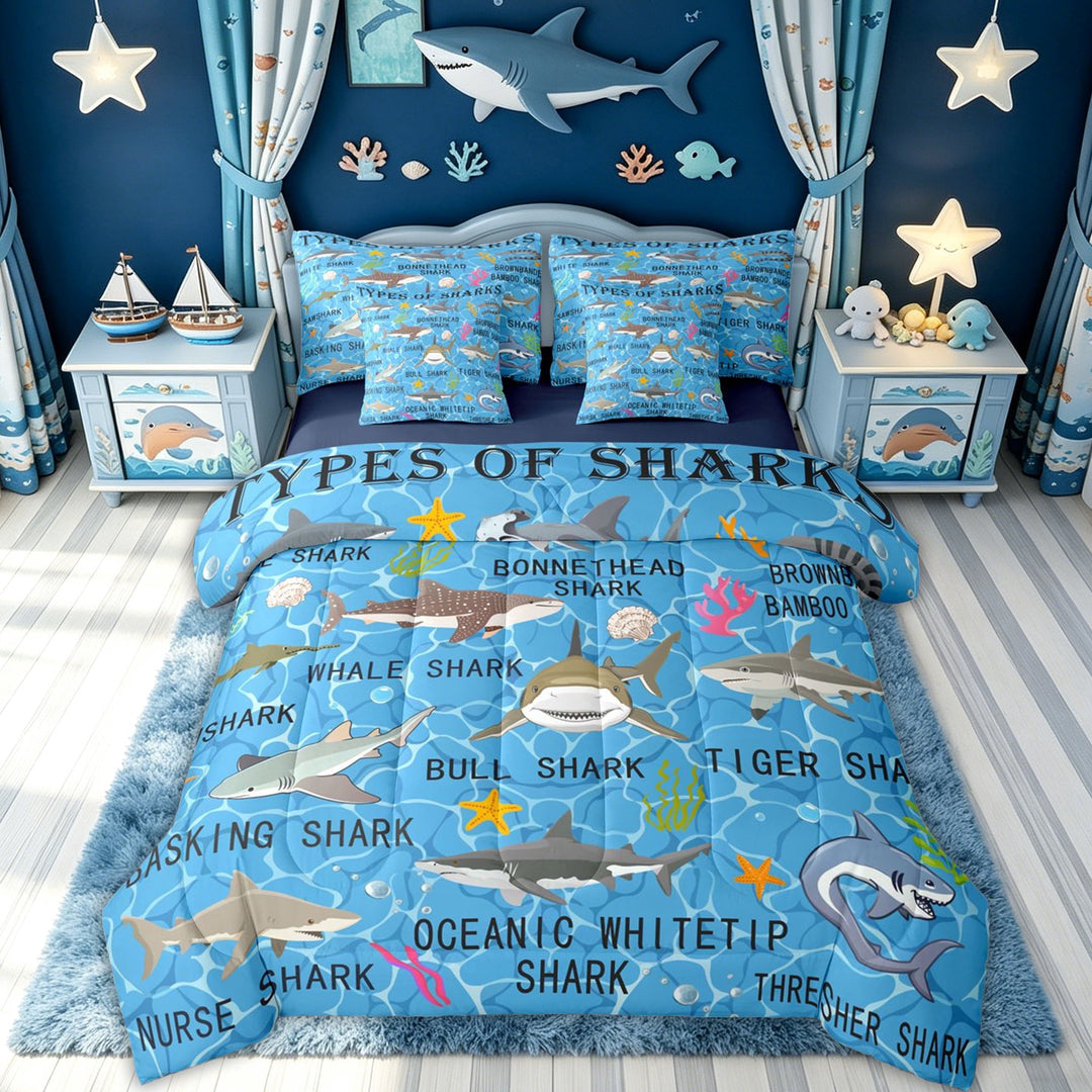 meiyoeat Colorful Shark Educational Full Size Bedding Sets for Kids Boys Girls, Coral Starfish Marine Wildlife Full Size Bed in a Bag, Blue, Blue Reversible, 7 Pieces