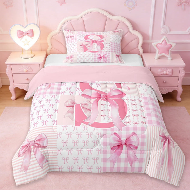 Erosebridal Girl Bowknot Personalized Gifts Twin Comforter Sets,Modern Geometric Grid Alphabet S Bedding Set For Kids,Pink Reversible,2-Piece