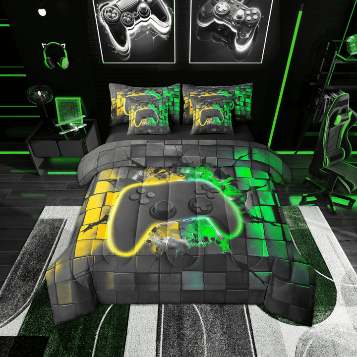 Erosebridal Black Gamepads Bedding Sets Twin Size,Video Game Comforter Sets with Sheets,Golden Green Bed in a Bag Twin size,Microfiber Gamer Room Decor,Reversible,7-Piece