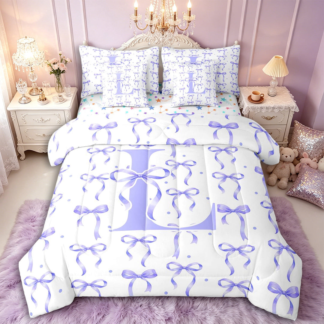 Manfei Cartoon Purple Bow Letter L Monogrammed Bedding Comforter Set 7pcs for Girls Teens,Polka Dots Cute Alphabet Queen Bedding Sets for Kids,Breathable Home Decor