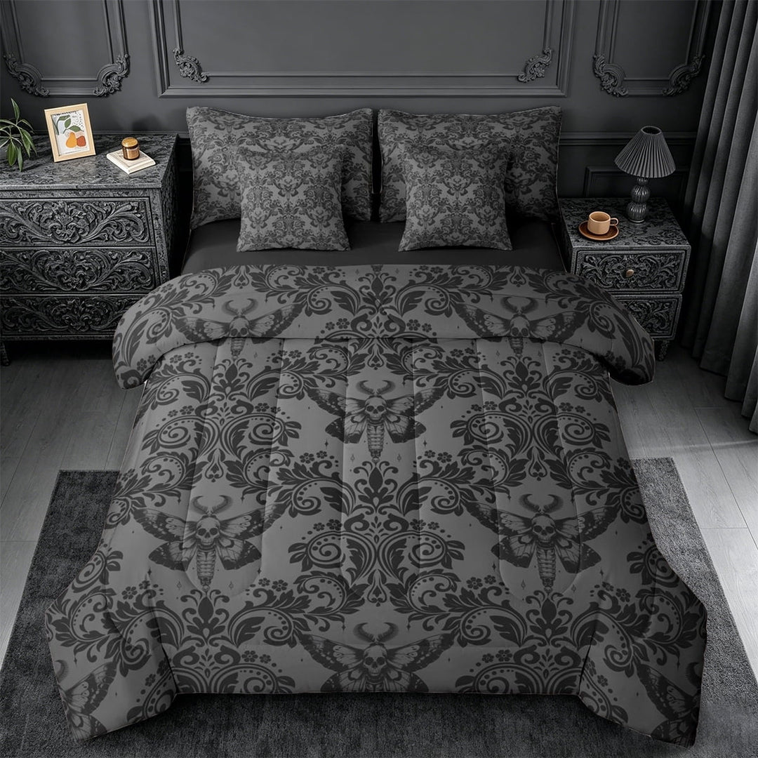 meiyoeat Gothic Skull Moth 7-Piece King Bedding,Rustic Damask Floral King Bed in a Bag For Men Women, Black Gray,Black Reversible