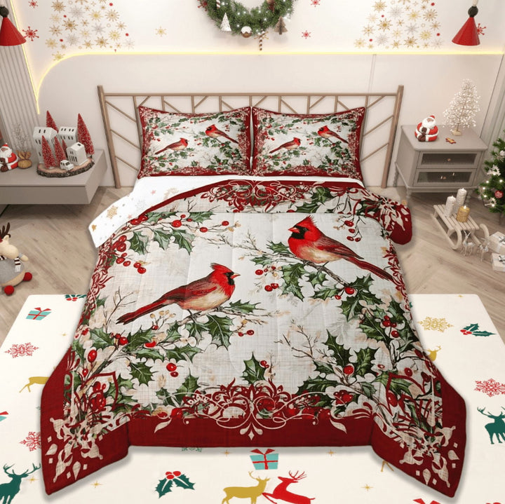 Manfei Merry Xmas Bedding Comforter Set,Christmas Cardinals Twin Comforter Sets,Retro Red Berry Bedding Set For Men Women,Luxury Bedroom Decor Reversible,2 Pieces
