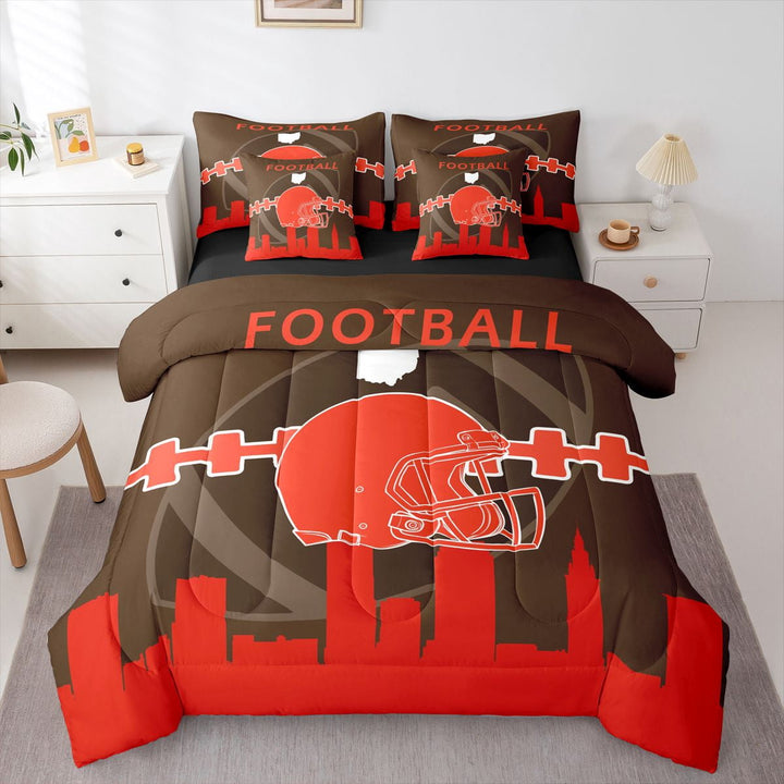 Erosebridal 7 Pcs Comforter Set Queen Size,Sports Bed in a Bag with Flat Sheet and Fitted Sheet and Adults,Football Lovers Bedding Set with Pillowcase and Sham(Cleveland)