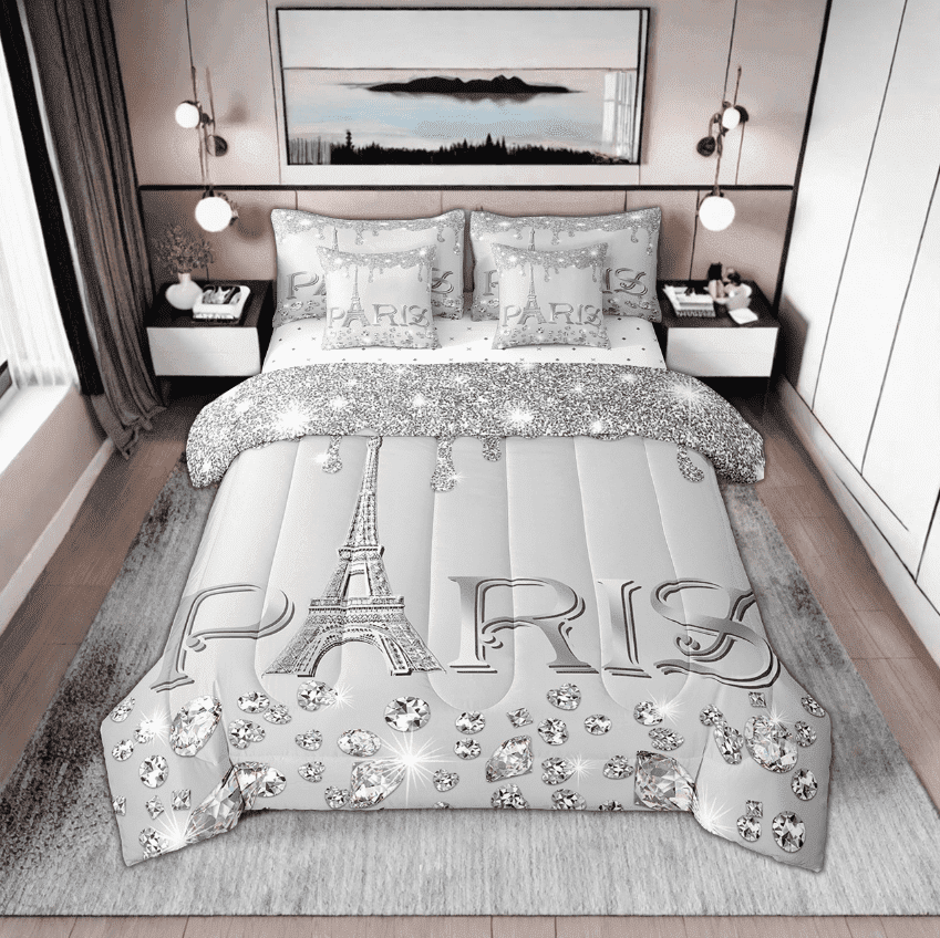 Paris Comforter Sets King for Women,Girly Glitter Eiffel Tower Bed in A Bag for Valentine&