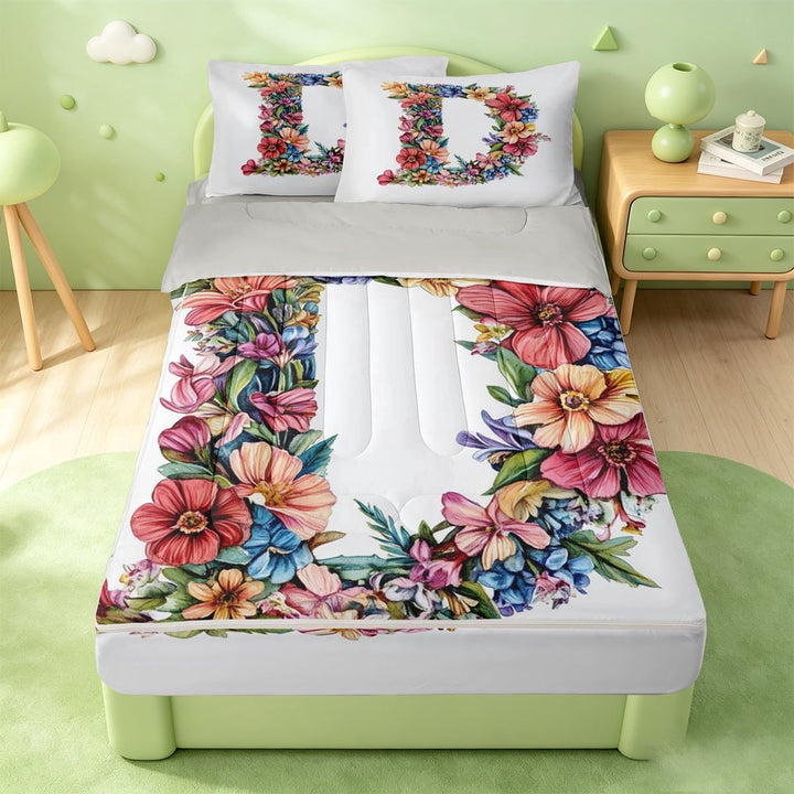 meiyoeat Alphabet Letter Initial D Zipper Full Size Comforter Sets with Fitted Sheet and 2 Pillowcases,Blossom Floral Pattern Zipper Bedding Set,Light Gray Reversible,4-Piece